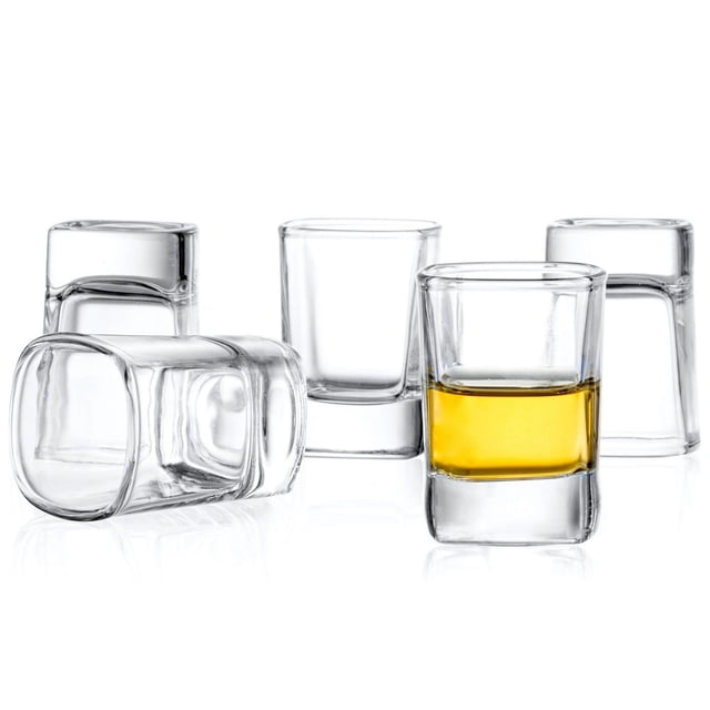 City Heavy Base Shot Glasses - 2 oz - Set of 6 sturdy 2 oz (60 mL) lead-free glass barware with heavy weighted bases and clear cylindrical silhouette; dishwasher-safe boxed set of six, often used for espresso shots or spirit tastings.