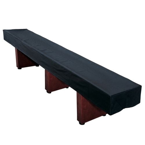 Hathaway Housse Noire pour Table de Shuffle de 14 Pi, Vue de Profil 3/4, en Cuir Synthétique Noir avec Coutures Renforcées à Double Piqûre et Doublure en Coton Doux, Couvrant une Table de Shuffle en Bois avec Pattes Brun Foncé pour Protéger la surface de la Poussière et des Dommages, Idéal comme Accessoire durable de Shuffleboard pour Salles de Jeux.