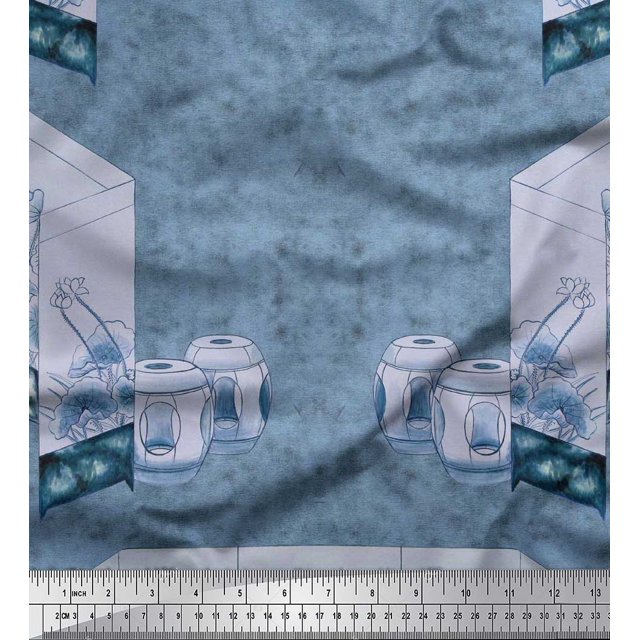 Soimoi Blue Polyester Crepe Fabric & Floral Artistic Print Fabric by Yard 42 Inch Wide