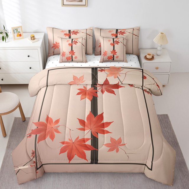 YST Autumn Themed 7-Piece Maple Leaf Comforter Set, Queen, Botanical Theme