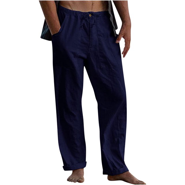 Weiqiqre Mens Pants New Linen Pants Drawstring Elastic Solid Color Loose Casual Trousers Lightweight Slight Stretch, and Regular Fit for All-Season Going Out