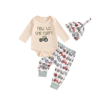 Pudcoco Ensemble de Pantalons pour Bébé Garçon, Barboteuse à Manches Longues à Col Ras du Cou avec Broderie, Pantalon de Survêtement à Imprimé Tracteur et Chapeau Tenue d'Automne