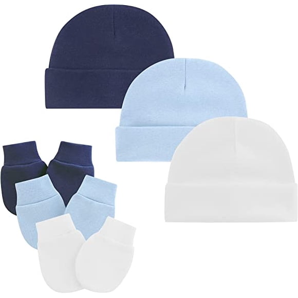 Tuques et Mitaines pour Bébé Unisexe, Bonnets pour Nourrisson, Bonnet d'Hôpital pour Nouveau-Né avec Ensemble de Mitaines Anti-Rayures pour Bébés Garçons Filles (Blanc, Bleu Pâle, Bleu Marine)