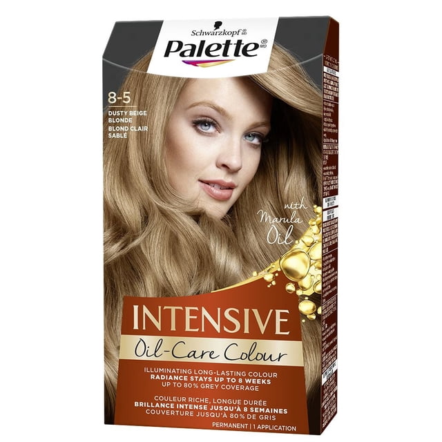 Palette Intensive Oil Care Colour 8-5 Dusty Beige Blonde hair dye box by Schwarzkopf featuring marula oil care, permanent formula with illuminating long-lasting colour, radiance lasting up to 8 weeks and up to 80% grey coverage.