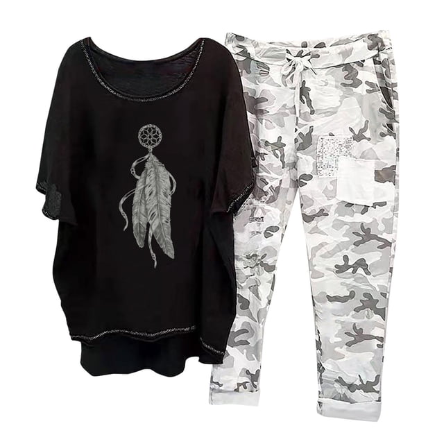 Mikilon Ensemble de Détente Confortable pour Femmes, Tenue d'Intérieur 2 Pcs, Ensemble de Détente Imprimé, Haut à Manches Mi-Longues à Col Rond + Pantalon, Noir-A 3TG