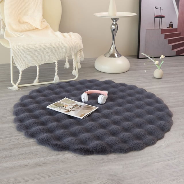 COM1950s Fluffy Round Rug with Bubble Texture, Non-Slip Floor Mat for Living Room Sofa Area, Bedroom, Bathroom, Circular Carpet Velvet Feel, 19.7 Inch