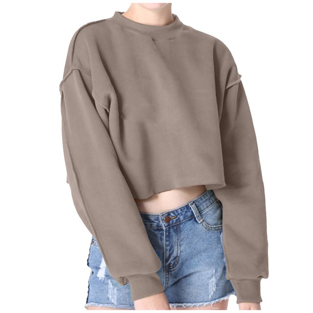 Yuyuzo Sweatshirts Courts pour Femmes Manches Longues Couleur Unie Col Rond Ample Décontracté Automne Pull Tops