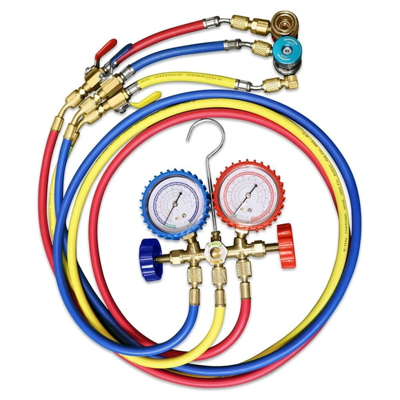 Ensemble de collecteurs professionnels Duracool® série 5500 avec tuyaux de 72" et composants en laiton. Comprend des vannes d'arrêt à 3 tuyaux et des raccords rapides côté LO et HI.