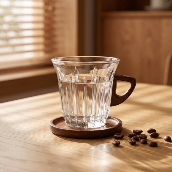 Birdeem Glass Coffee Cup with Wooden Handle, 160ml Heat Resistant Espresso Glass Mug, Anti-Scalding Coffee Cup with Coaster for Home, Office and Gift