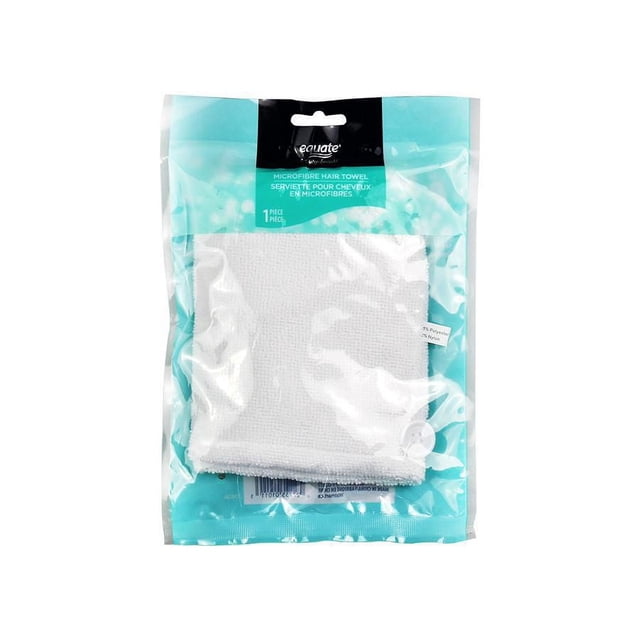 EQUATE Bonnet de Séchage pour Cheveux Beauté en Emballage Plastique Transparent avec Étiquette turquoise et Noire, Montrant une Serviette pour Cheveux en microfibre Blanche Pliée Qui Absorbe Rapidement l'Humidité pour Aider à Sécher les Cheveux Plus Vite, Convient comme Accessoire de Bain et de Douche.