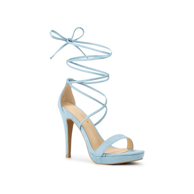 BLISSFUL STEP Sandales pour Femmes Talons Aiguilles Talons Plateforme Sandales à Lacets Bleu Ciel 7