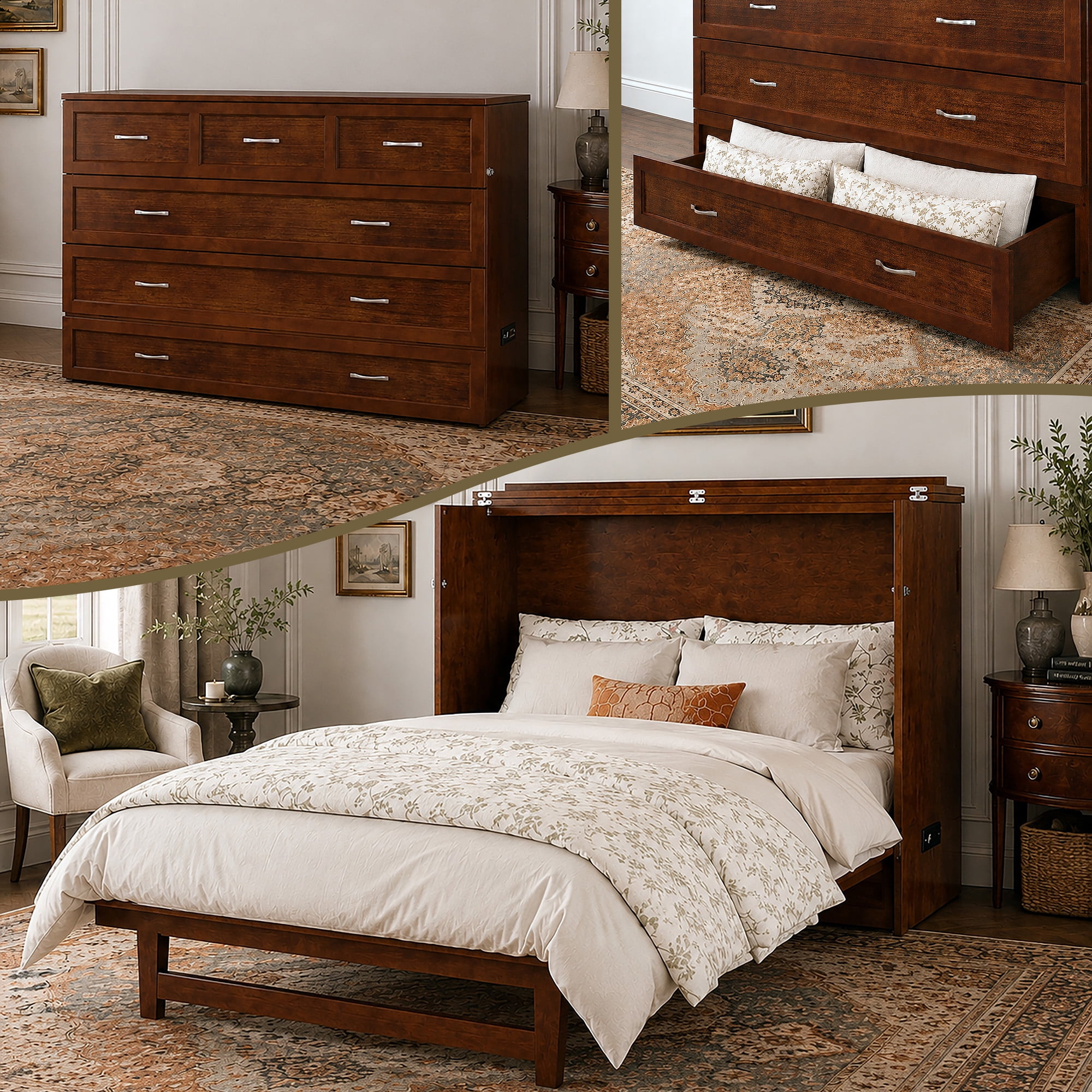 Northfield Lit Escamotable Moderne en Bois Massif Format Grand avec Matelas, Noyer