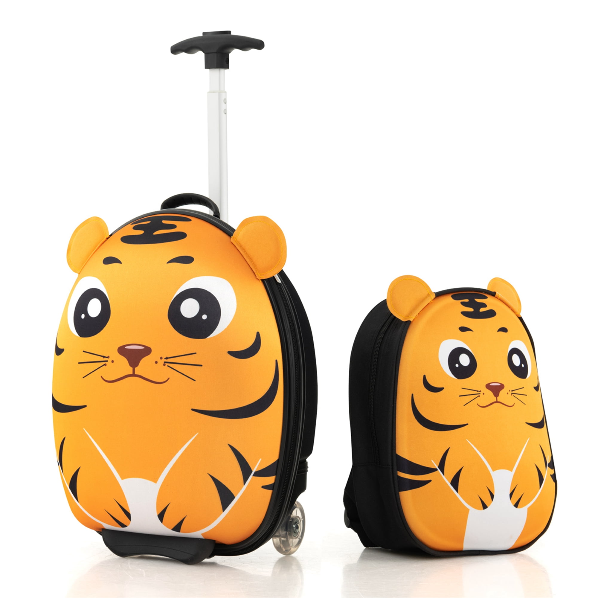 Costway 2PCS Kids Carry On Luggage Set 16" Tiger Rolling Suitcase with 12" Backpack Travel Yellow
