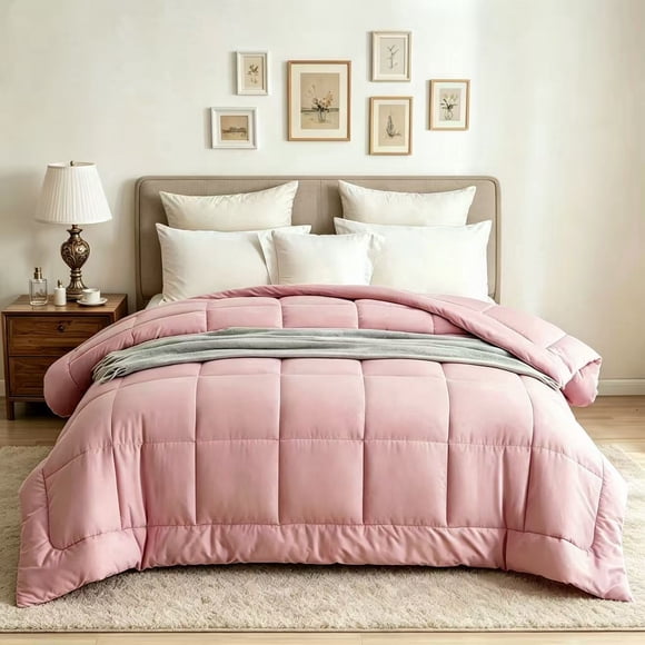 BedTreat Down Alternative Comforter with Corner Tabs - All Season Quilted Twin Size 240 GSM Pink Comforter, Machine Washable Microfiber Bedding