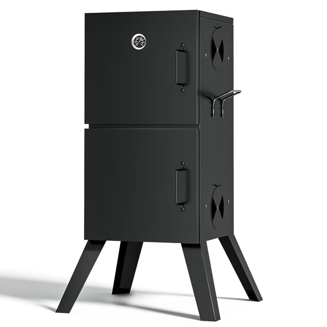Kingchii Vertical Charcoal Smoker BBQ Grill with Built-in Thermometer, shown in a sleek black finish. This portable smoker features a double-door design for easy access, adjustable air vents for precise temperature control, and a built-in thermometer on the upper door. The smoker is supported by sturdy angled legs and includes detachable grill nets for ample cooking space, ideal for backyard barbecues and outdoor grilling.
