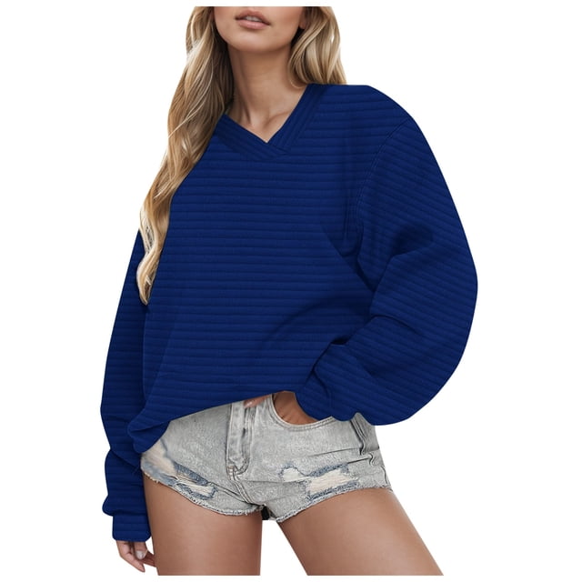WEAIXIMIUNG Sweatshirt Women Plus Size Solid Color V Neck Long Sleeved Hoodless Sweatshirt for Women