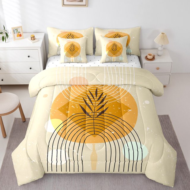 YST Ensemble de Literie à Rayures Géométriques 7 Pcs, Ensemble Complet pour Lit Double, Minimalisme Beige