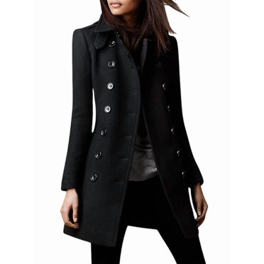 Manteau d'Hiver pour Femme à Double Boutonnage Élégant à Revers, Manches Longues, Trench Caban en Mélange Noir P