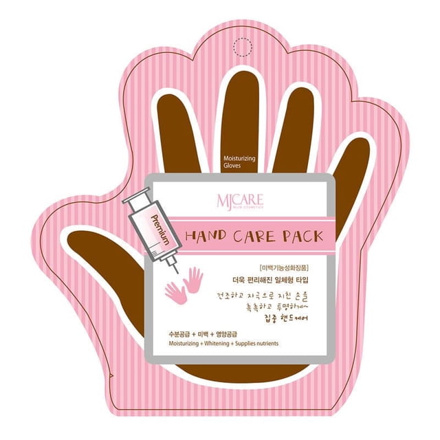 Mijin Premium Hand Care Pack in pink striped glove-shaped packaging with brown hand outlines labeled moisturizing gloves, featuring a white and pink label with MJ CARE branding and text highlighting moisturizing, whitening, and nutrient supply benefits for hand lotion and cream care.