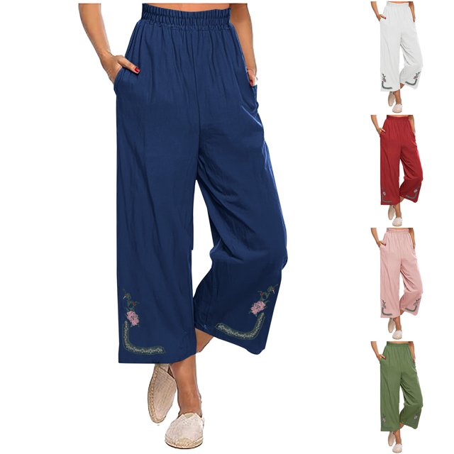 Womens Wide Leg Cropped Pants Cotton Linen Elastic High Waisted Palazzo Pants with Pockets Red