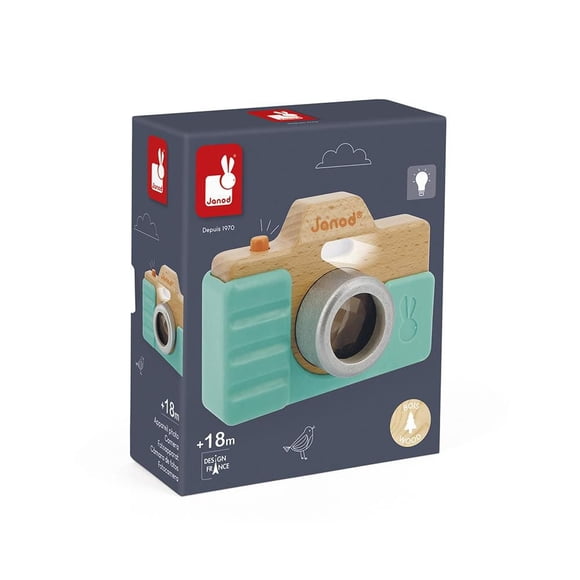 Janod - Early-Learning Camera - Wooden Pretend Play Toy - Sound and Light Effects - Sense Stimulation and Motor Skills - Silicone Shell - Water-Based Paint - from 18 Months +