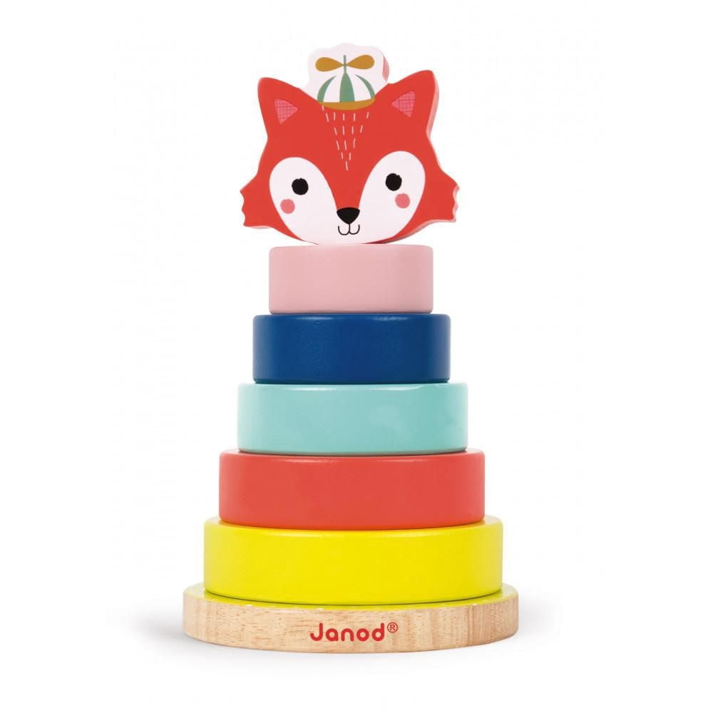 Janod Baby Forest Renard Empilable - Pyramide d'Éveil en Bois pour Tout-Petits, 7 Pcs Colorées - 12 Mois +