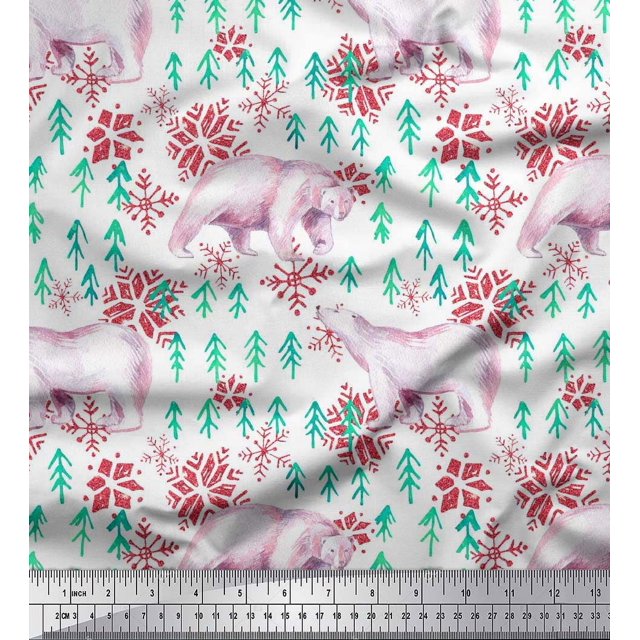 Soimoi Rayon Fabric Snowflake & Polar Bear Animal Printed Fabric 1 Yard 42 Inch Wide