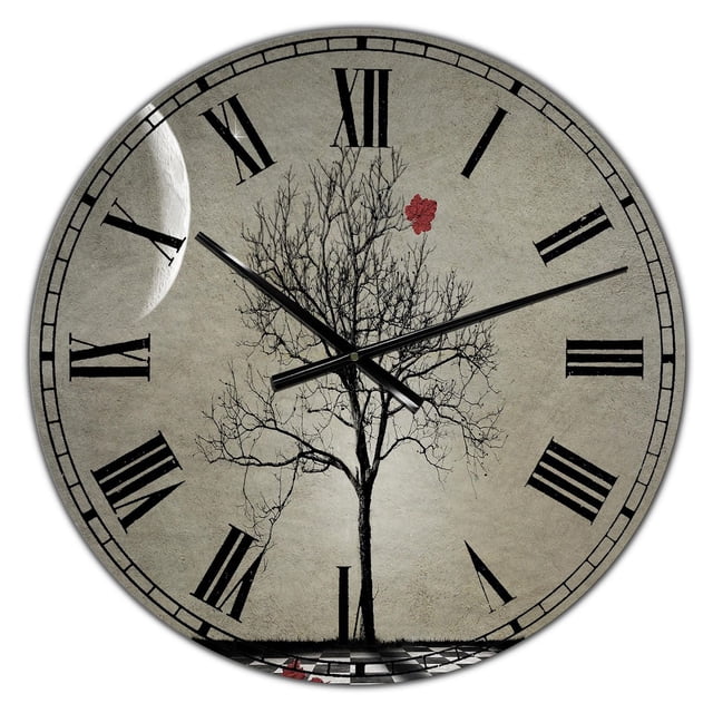 Designart « Inévitable » Grande Horloge Murale de Style Cottage avec un Cadran Rond en Aluminium Massif, Chiffres Romains Noirs sur Fond Gris Texturé, silhouette d'Arbre central Sans Feuilles avec une Seule Fleur Rouge sur Ses branches, un Croissant de Lune à Gauche, et Aiguilles d'Horloge Noires, Prête à Accrocher et à Piles.