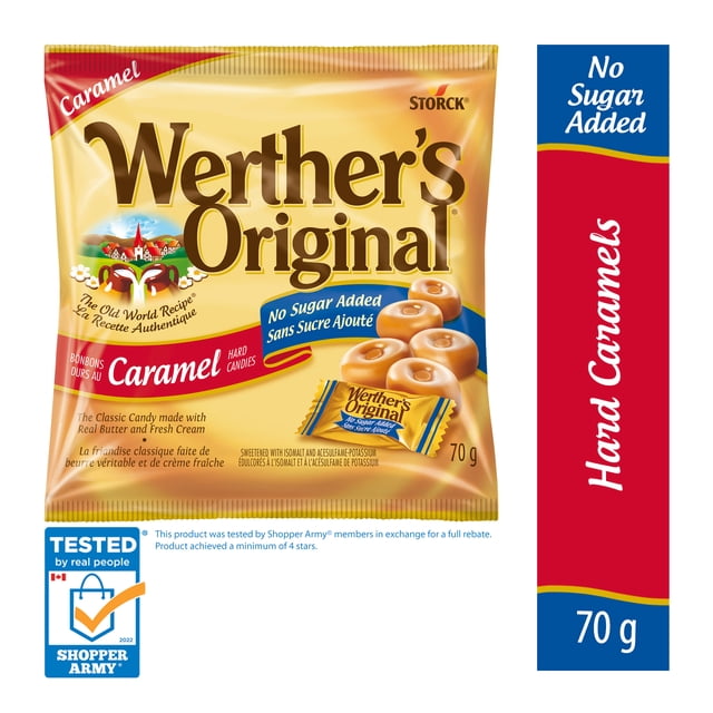 Werther’s Original No Sugar Added Caramel Hard Candy 70 g bag featuring individually wrapped smooth caramel candies made with real butter and fresh cream, sweetened with isomalt, highlighting no sugar added and the traditional Old World Recipe, suitable for sugar-conscious snackers.