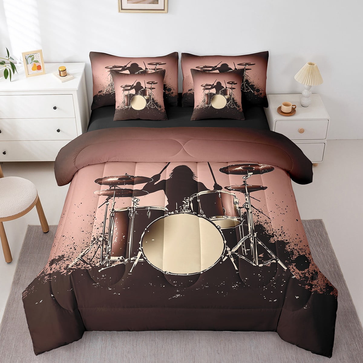 Drum Kit Comforter Set 7 Piece Bed in a Bag Twin,Musical Instruments Bedding Sets Modern Rock Sheet Set with Comforter,Pop Music Hip Hop Hipster Bed Set