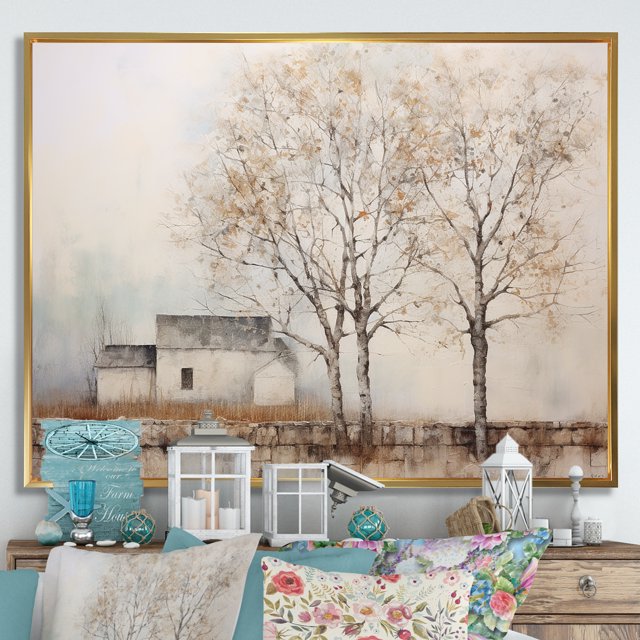 Designart Large Tree Gold framed wall art, Rustic Farmhouse Tree Scenery , Trees framed wall art decor, Brown Gold framed wall art, 32x24 inches Gold Frame