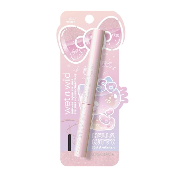 Hello Kitty Traceur Liquide Scintillant par wet n wild en Rose Scintillant, Doté d'Un tube Mince Rose Pâle avec le design du 50e Anniversaire Hello Kitty, volume de 2,7 ml, et d'Un Pinceau de Précision pour une application Facile et une Finition Infusée de Perles et Réfléchissante de Lumière, Idéal pour un Maquillage des Yeux Détaillé.