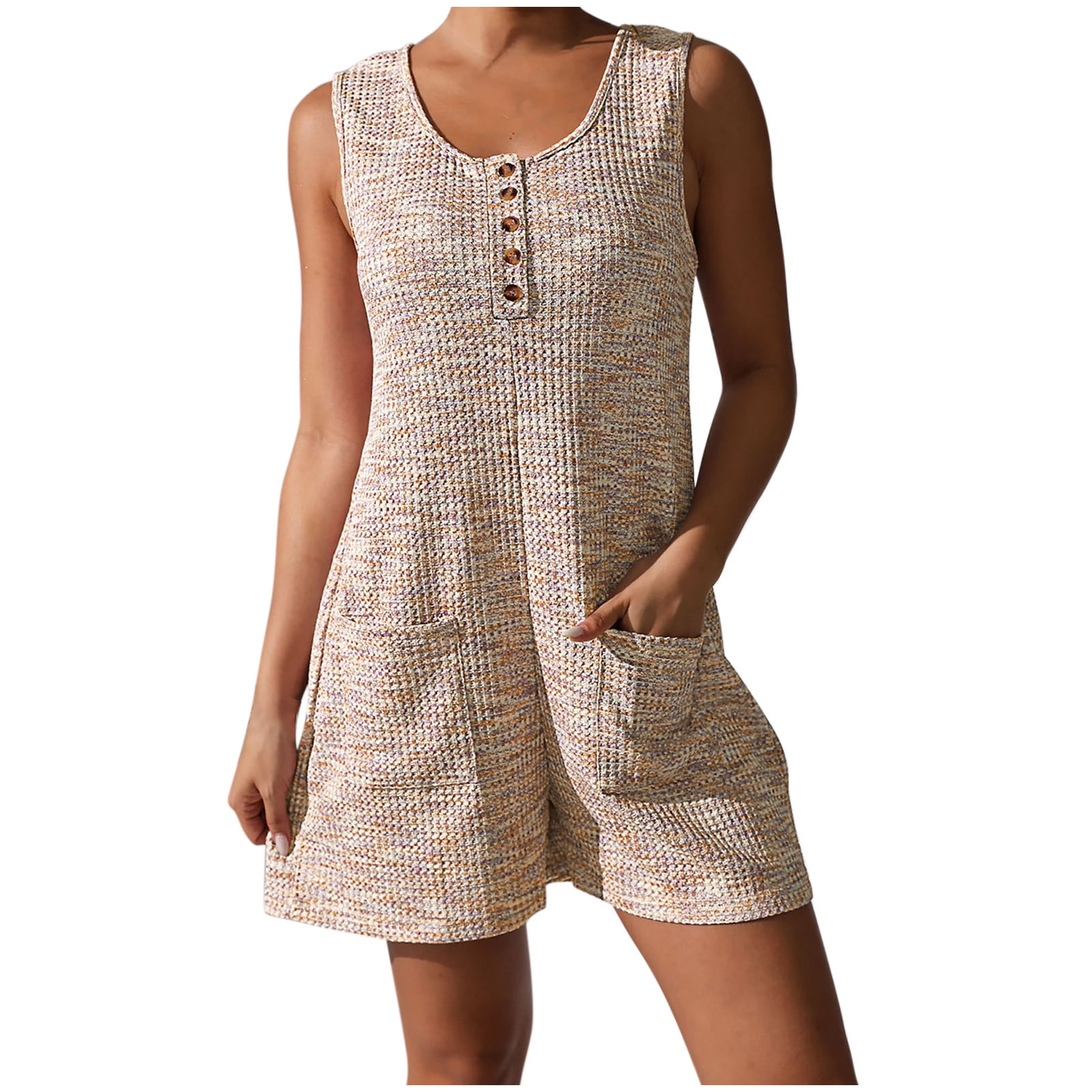 Lenpel Women's Plus Size Rompers Summer Casual Scoop Neck Quarter Button Textured Sleeveless Jumpsuits Loose Short Overalls with Pockets