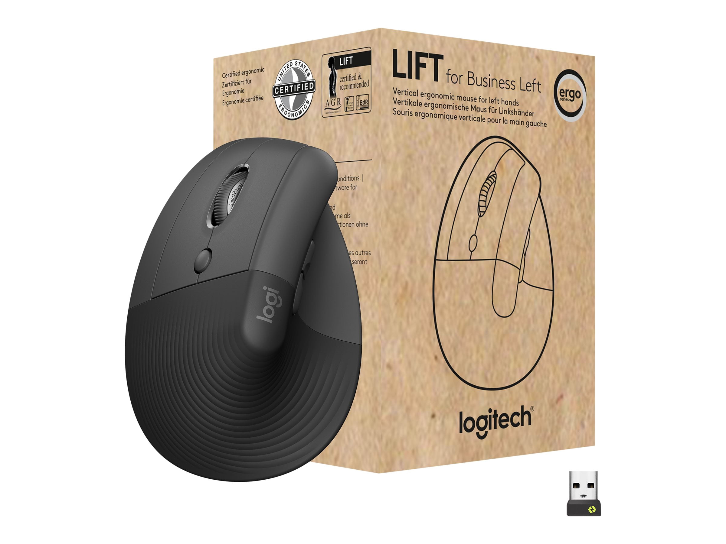 Logitech Souris Ergonomique Verticale Lift pour Entreprise, Gauche - Souris Verticale - Ergonomique - Gaucher - 6 Boutons - Sans Fil - 2,4 GHz, Bluetooth - Récepteur USB Logitech Logi Bolt - graphite