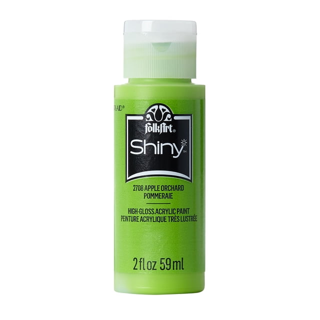 Folkart Shiny Acrylic Paint Apple Orchard in a 2 fl oz (59 ml) green plastic bottle with a white flip-top cap, labeled high-gloss acrylic paint suitable for art supplies and craft projects on wood, canvas, and more.