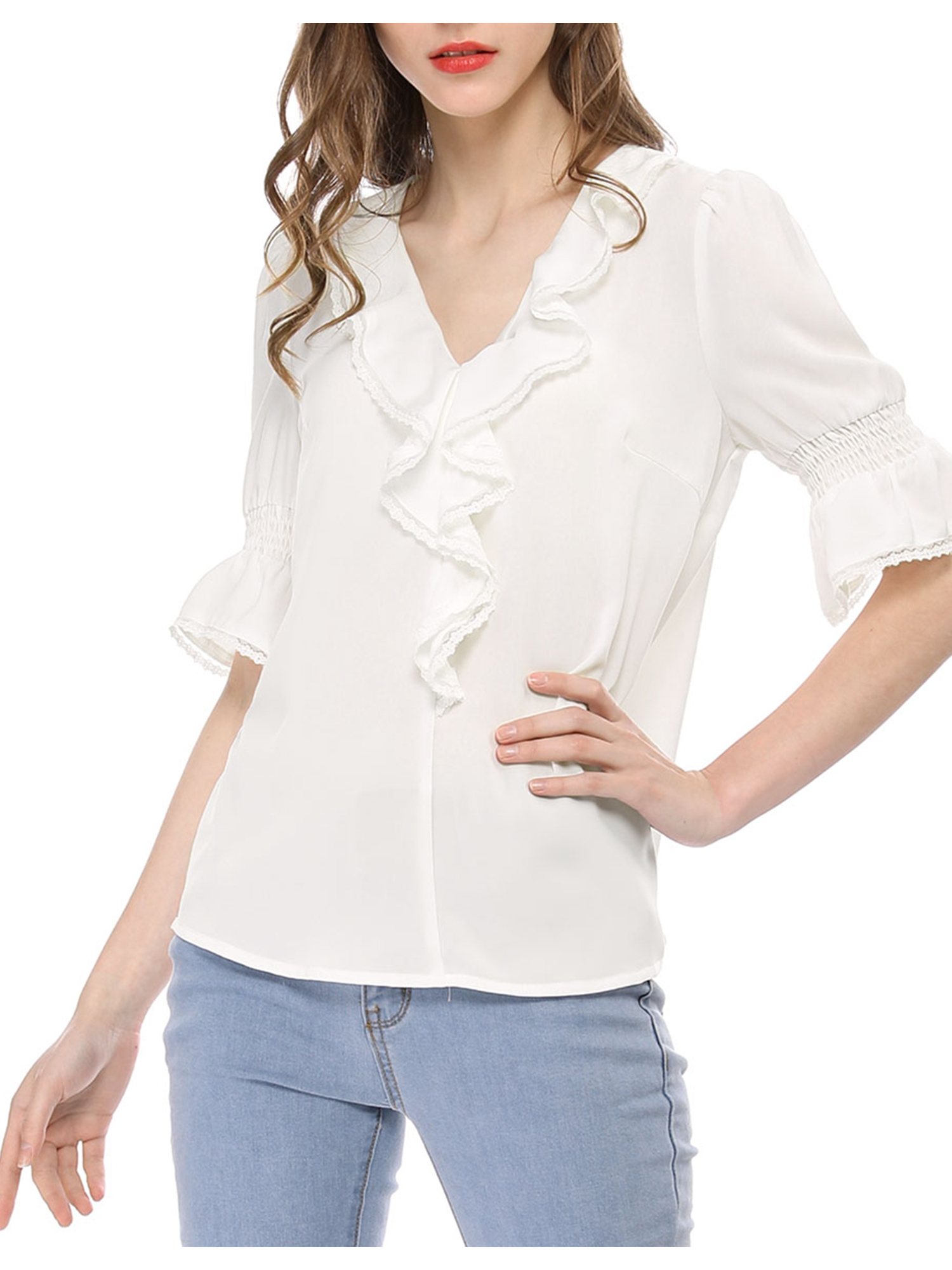 INSPIRE CHIC Women's Ruffled V Neck Puff Elbow Sleeve Semi-Sheer Chiffon Blouse S White