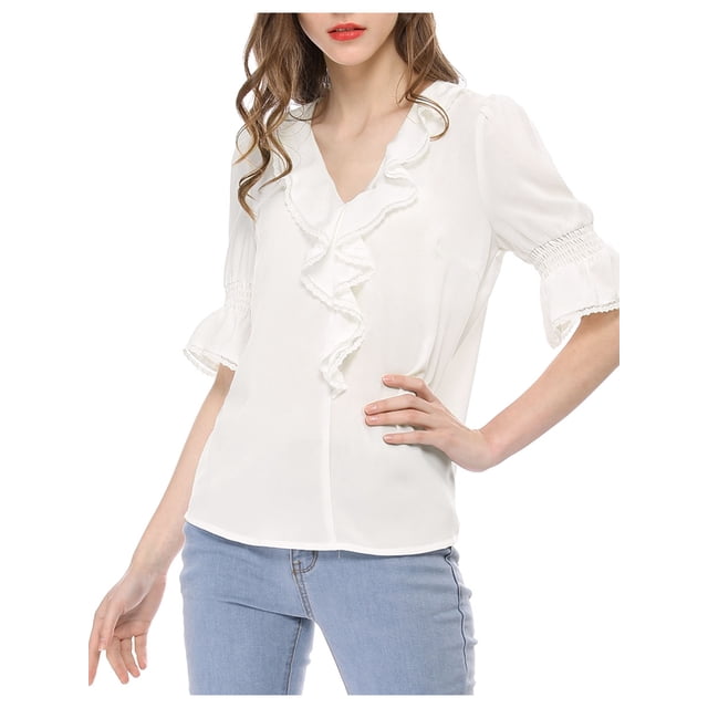 INSPIRE CHIC Women's Ruffled V Neck Puff Elbow Sleeve Semi-Sheer Chiffon Blouse L White