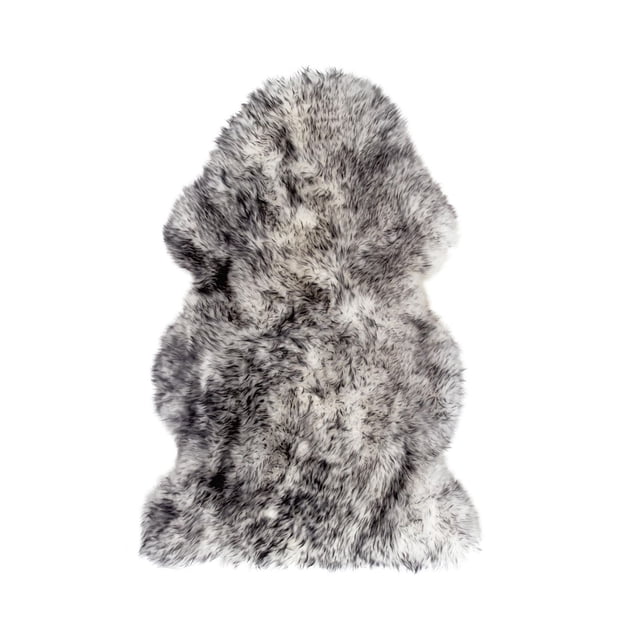 NEW ZEALAND SHEEPSKIN SINGLE RUG/THROW 2' X 3' showcasing a thick, plush 2.5-inch pile natural sheepskin rug in mixed grey and white hues with an irregular shape and soft texture, featuring a micro suede anti-skid backing, ideal for adding warmth and comfort to indoor spaces and often used as a cozy seat cover or decorative throw.