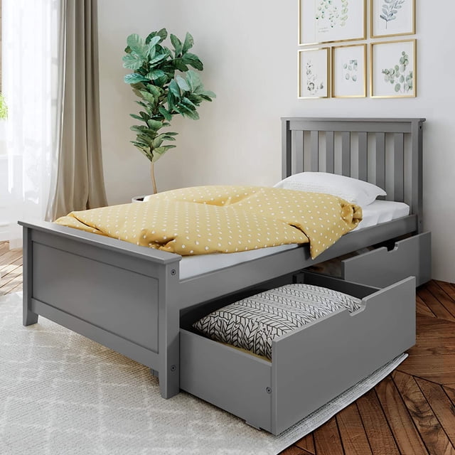 BEDSMART Lit Simple en Bois Massif avec Rangement / Gris
