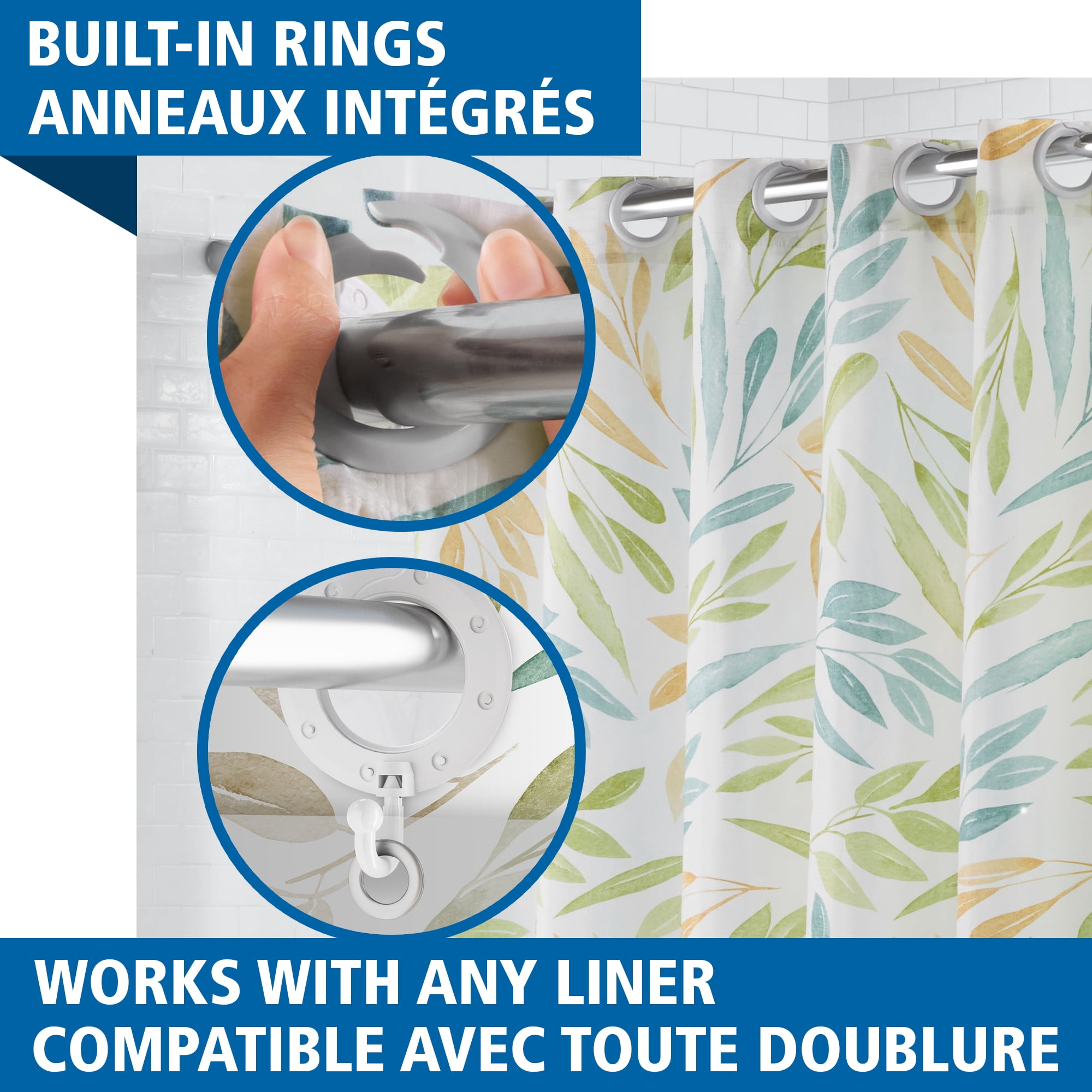 Rideau de douche en tissu Cottage Leaves Easy Hang Mainstays avec anneaux intégrés, 178 x 188 cm, vert, bleu, multicolore