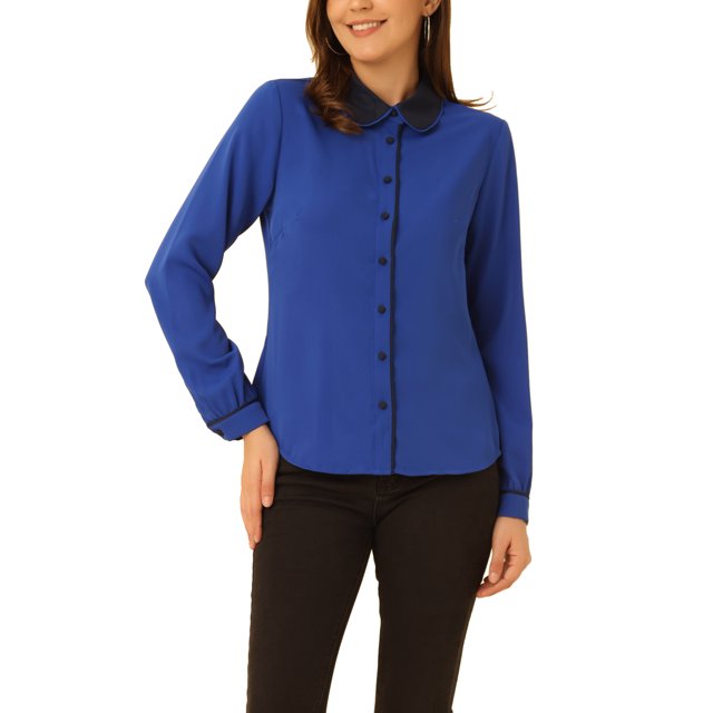 INSPIRE CHIC Chemise Boutonnée pour Femme à Manches Longues de Travail Col Peter Pan Blouse Hauts m Bleu Royal