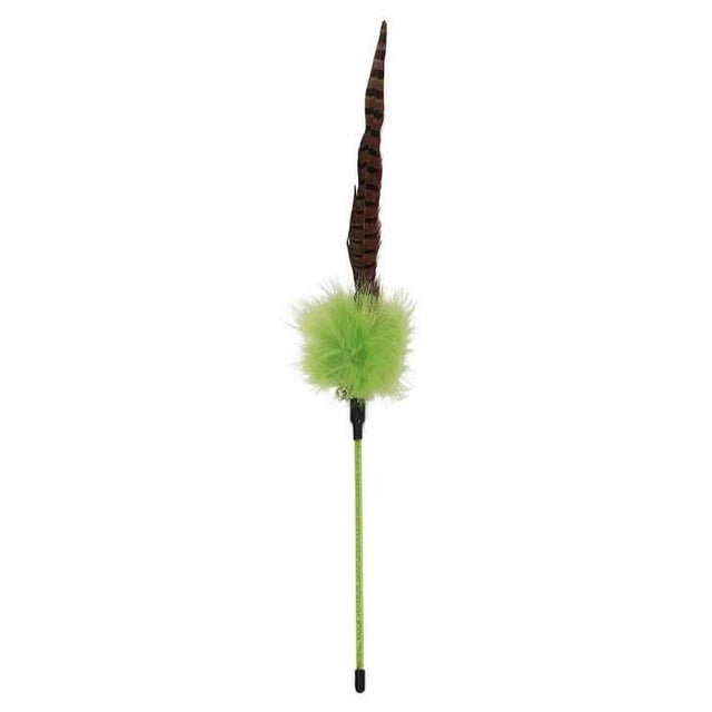 Petpals Group Pheasant Wand Feather Toy with a 25-inch green wand featuring a bright green fluffy feather cluster and a long brown striped pheasant feather, designed for interactive cat play as a teaser and wand toy.