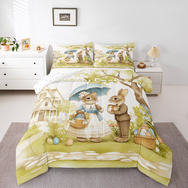 Erosebridal Happy Easter Bedding Twin Comforter Set,Rabbit Eggs Down Comforter,Animal Bedroom Decor,Reversible,Lightweight,2-Piece