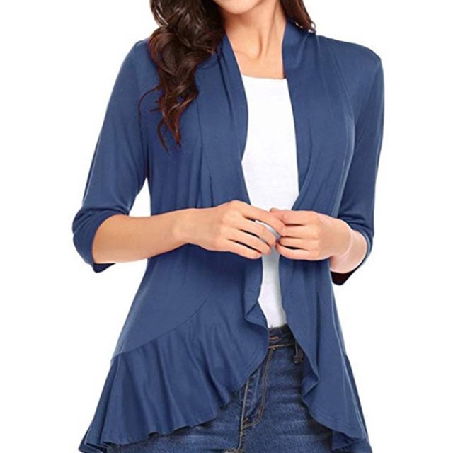 Cardigan Décontracté Léger pour Femmes à devant Ouvert, Uni, Manches 3/4, Col Ample, Cardigan à Volants Drapés