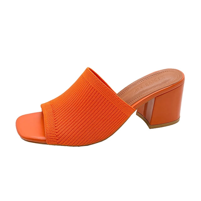 WLOELOEW Women'S Square Toe Sandals In Orange Block Heel Casual Mesh Upper Foot Length 9.65 Inches Us Size 7