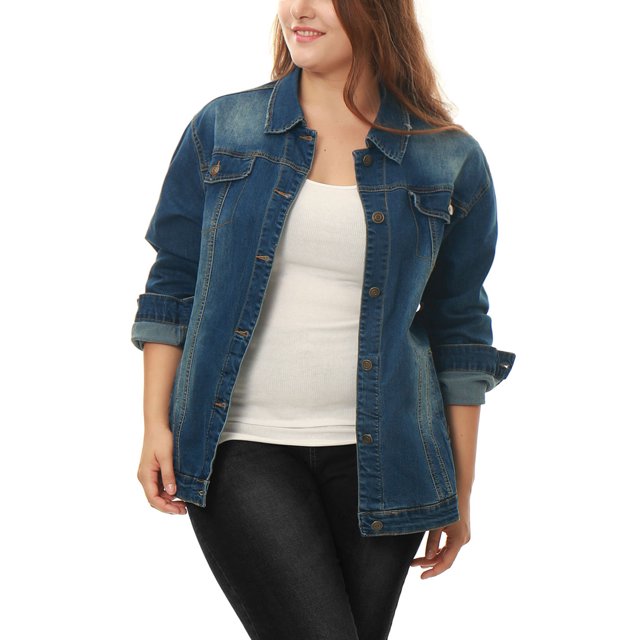 GRACE & GRANDEUR Women's Plus Jean Jacket Button Closed Cropped Denim Jacket