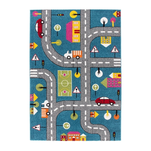 Ladole Rugs Adorable Kids Area Rug Carpet with Cars and Roads City Theme in Blue Multi, 6'2" x 9'2" (190cm x 280cm)