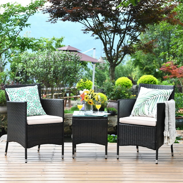 Costway Outdoor 3 PCS PE Rattan Wicker Furniture Sets Chairs Coffee Table Garden Beige