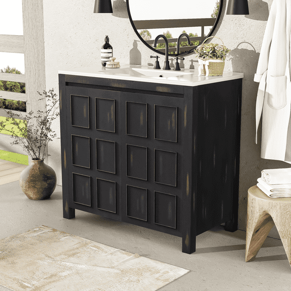 36" Bathroom Vanity with Sink, 36 inch Bathroom Vanity with Ample Storage, Modern Solid Wood Cabinet with Soft-Close Doors, Easy Assembly, Vintage Black