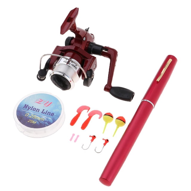 Redempat Mini Portable Pocket Fish Pen Shape Rod Gold Reel Alloy Fishing Aluminum Red